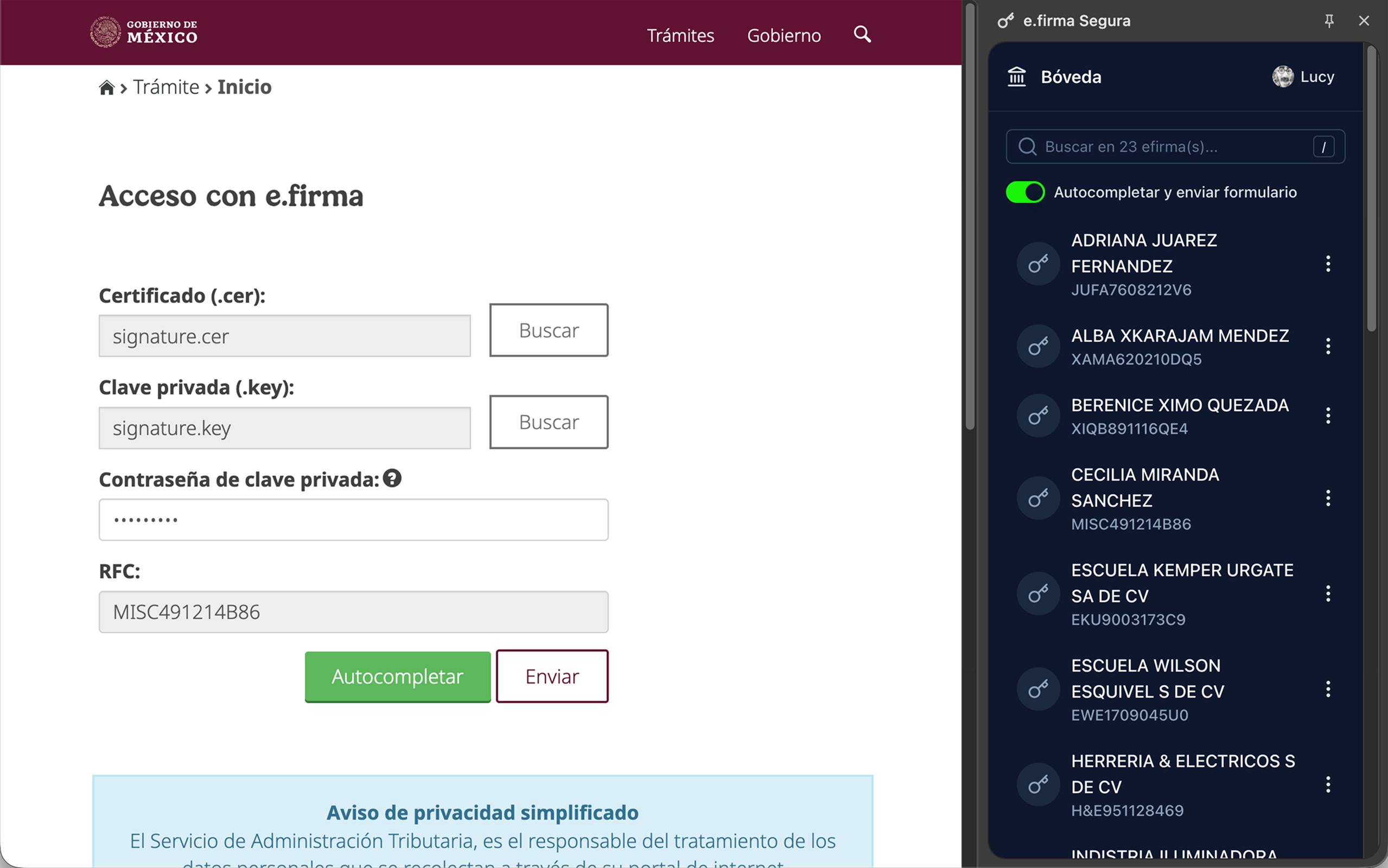 Extensión e.firma Segura con bóveda desbloqueada en página de inicio de sesión del SAT